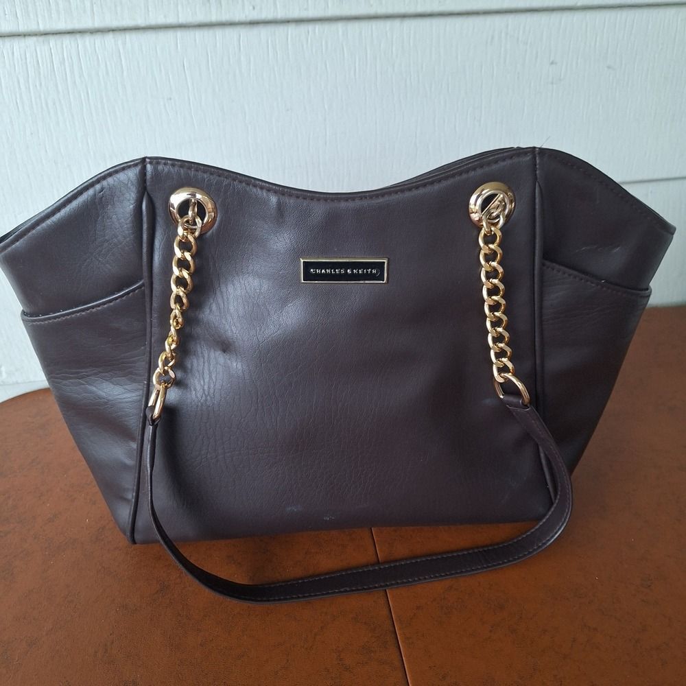 Charles & Keith Brown Tote Bag Purse Handbag Chain Accent